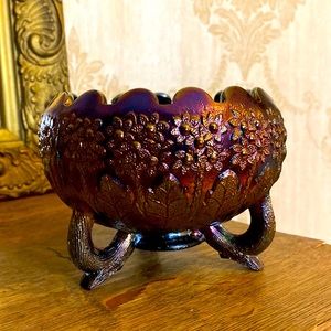 🖤 Vintage Fenton Black Amethyst Carnival Glass Footed Bowl